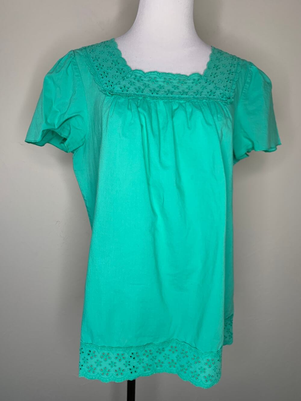 Kim Rogers Greeen Cotton Eyelet Trimmed Blouse Sz Medium